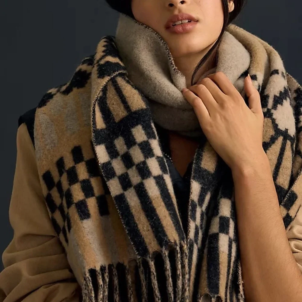 Anthropologie Pretty little Fawn Ltd Edition Plaid Wool Scarf in Black and Tan